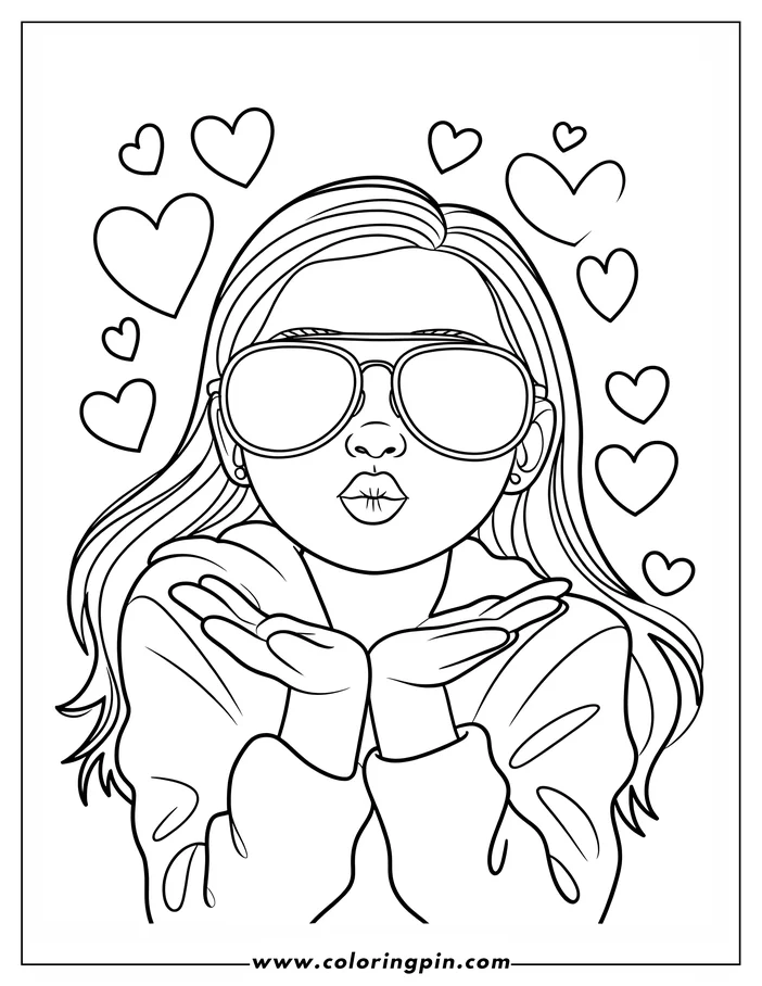 Outline of a girl blowing a kiss while wearing sunglasses. Hearts surround her head.