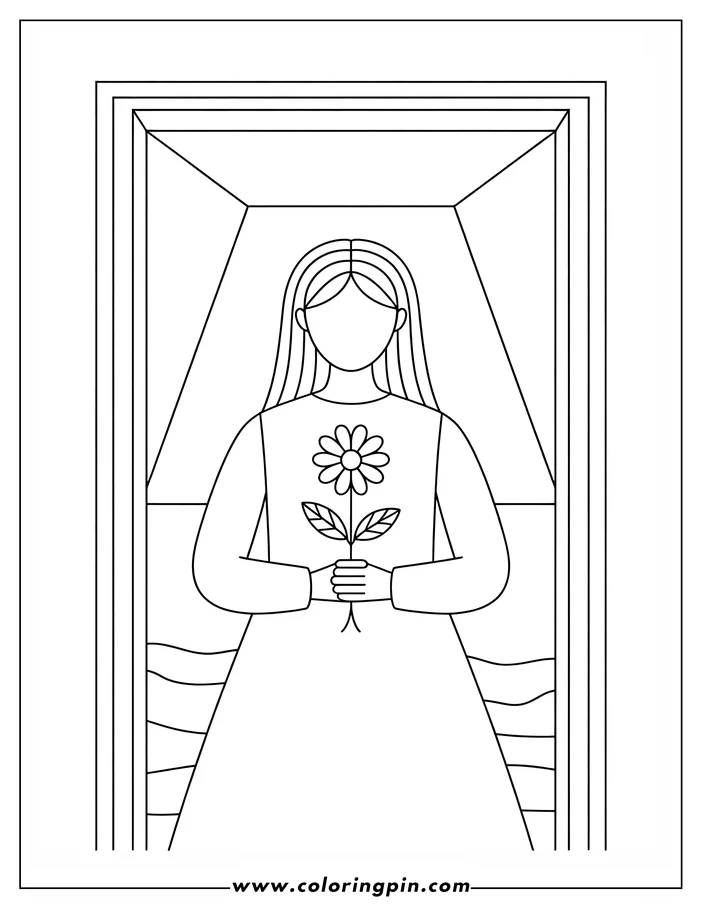 Line art of a girl holding a daisy with two leaves. She has long hair and wears a dress.