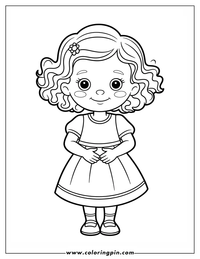 Line drawing of a girl with curly hair, wearing a dress and buckled shoes.