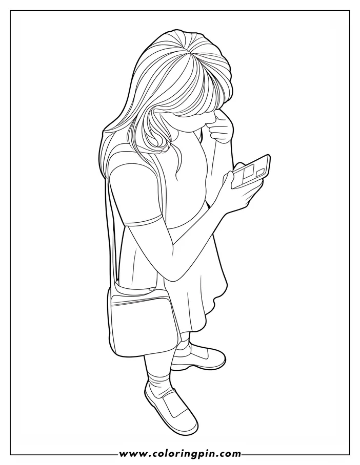 Line drawing of a girl looking at her phone. She is wearing a dress and has a bag over her shoulder.