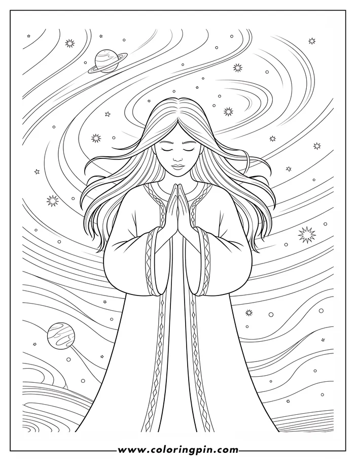 Line art of a girl with long hair, eyes closed, hands clasped in prayer, floating in space amidst stars and planets.