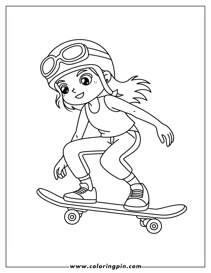 Line art of a girl with a helmet and goggles riding a skateboard.