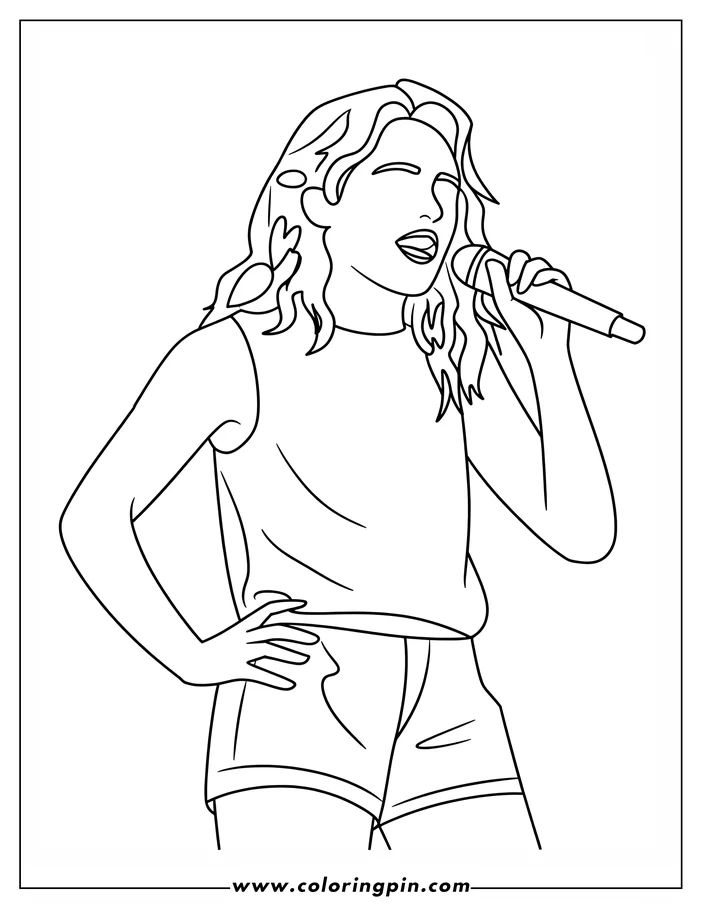 Outline of a girl singing into a microphone, eyes closed. She's wearing a sleeveless top and shorts, with one hand on her hip.