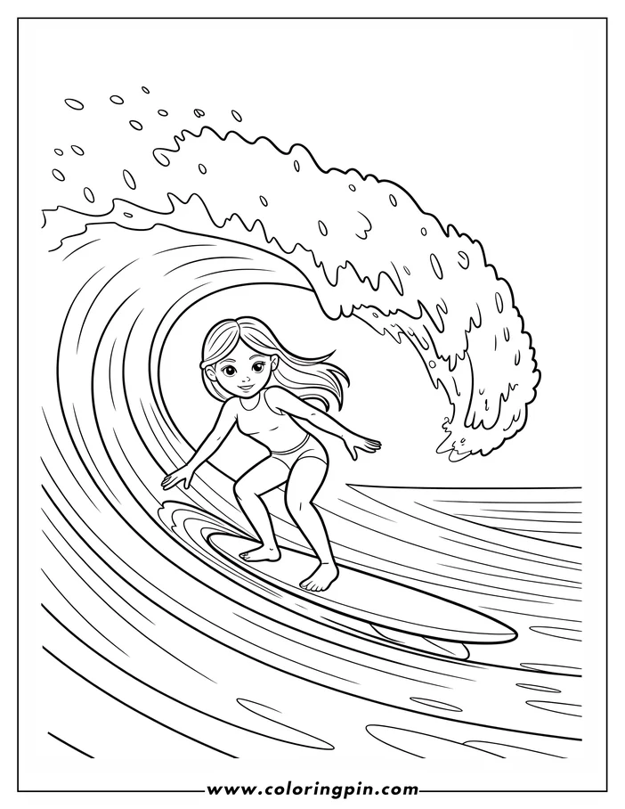 Outline of a girl surfing a large ocean wave. She stands on a surfboard as the wave curls above her.