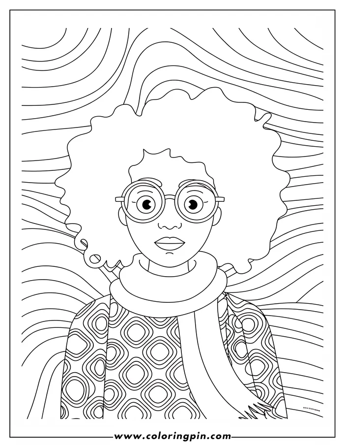 Line art of a girl wearing glasses and a scarf, with a patterned shirt and a wavy background.