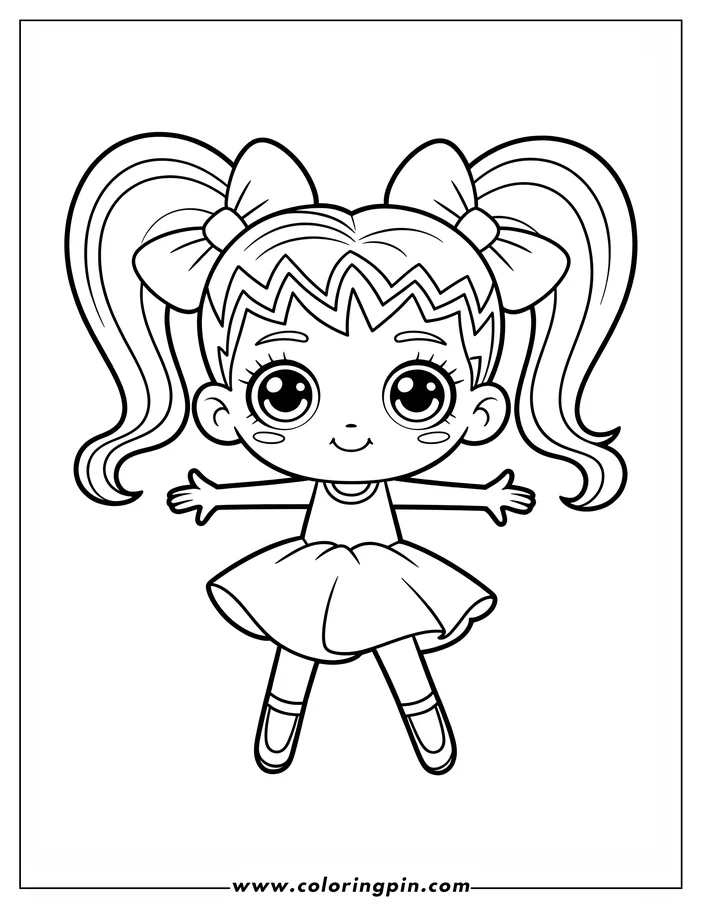 Line art of a cartoon girl with pigtails and bows, wearing a dress and Mary Jane shoes.