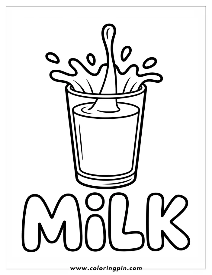 Line art of a glass of milk with a splash at the top and MILK written below.
