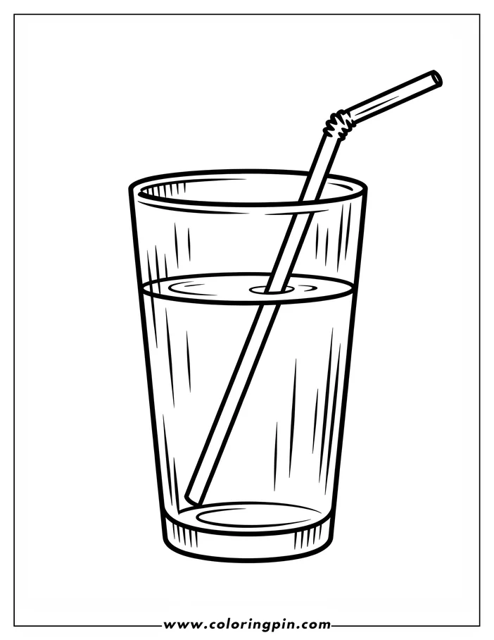 Line art of a drinking glass with a straw and liquid inside.