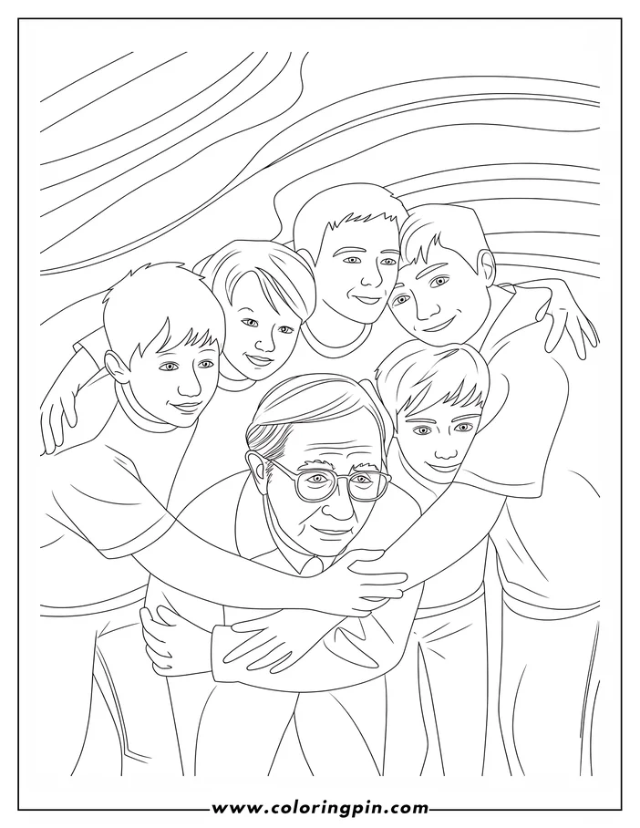 Line art of a grandfather being hugged by his grandsons. He's wearing glasses, and the boys surround him with happy expressions.