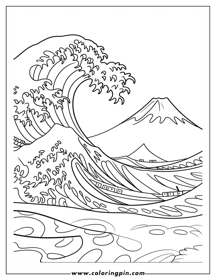 Line art of "The Great Wave off Kanagawa" by Hokusai, with a large wave, boats, and Mount Fuji