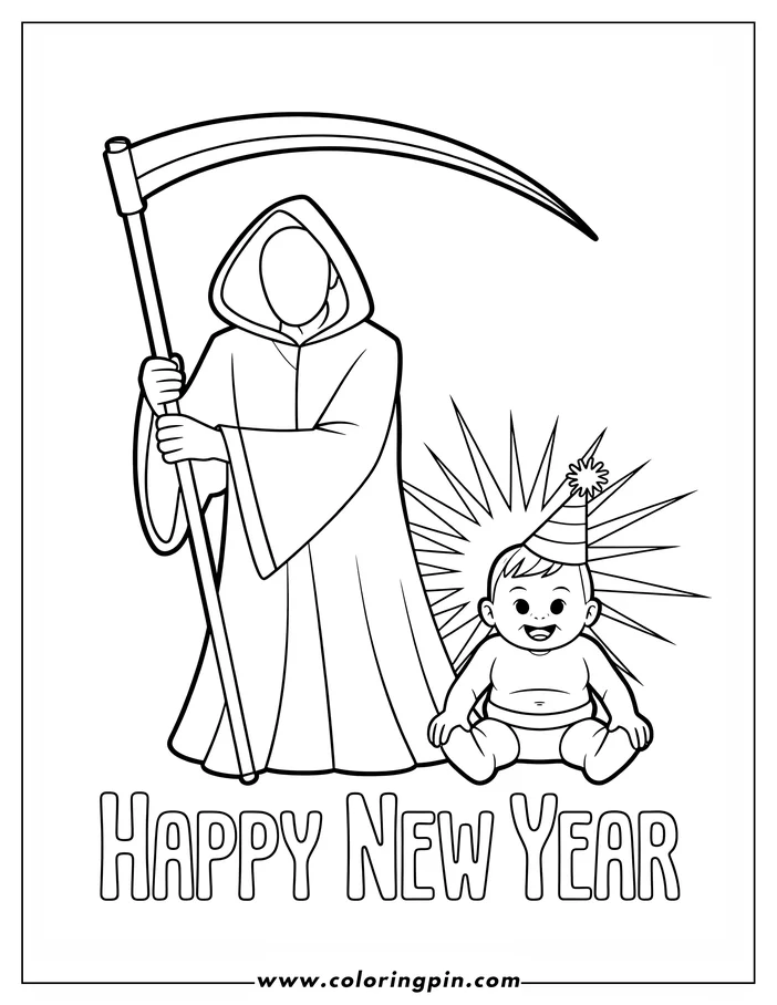 Line art of the Grim Reaper and the Baby New Year, symbolizing the changing of the year.