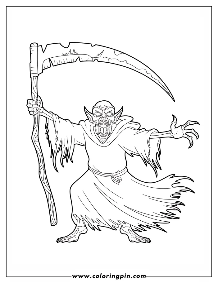 Line art of a grim reaper holding a scythe.