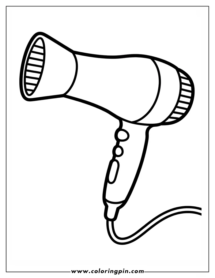 Line art of a hair dryer with a cord, ready to be colored.