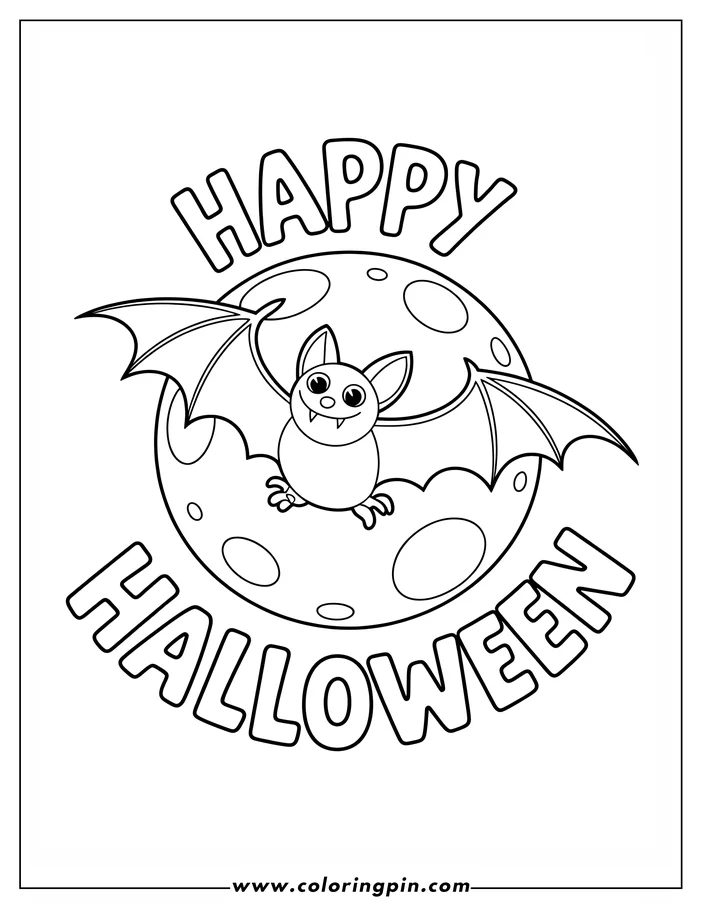 Halloween-themed coloring page: A cartoon bat with spread wings flies in front of a large moon. The words "Happy Halloween" are written in bold letters around the image. This simple, friendly design is ready for coloring.