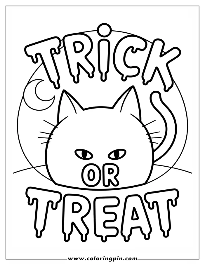 Halloween-themed coloring page: A simple, round cat sits below the words "Trick or Treat." A crescent moon is visible in the background. This line art drawing is ready for coloring.