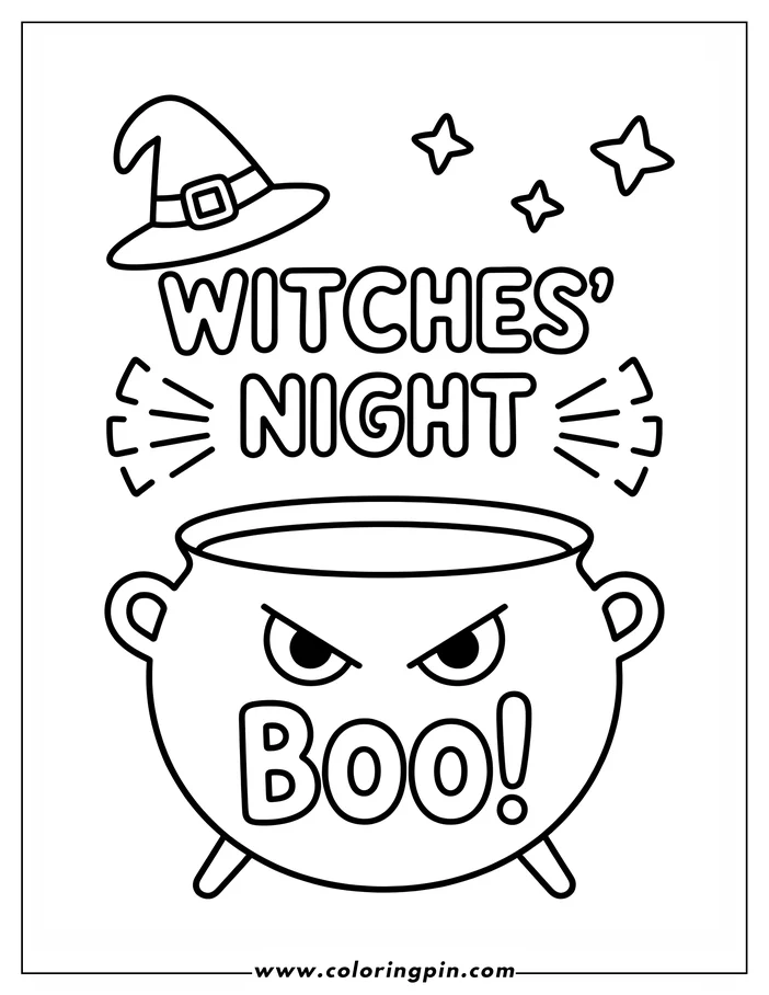 Halloween-themed coloring page: A cauldron with an angry face says "Boo!" A witch's hat and stars float above, creating a spooky scene ready for coloring.