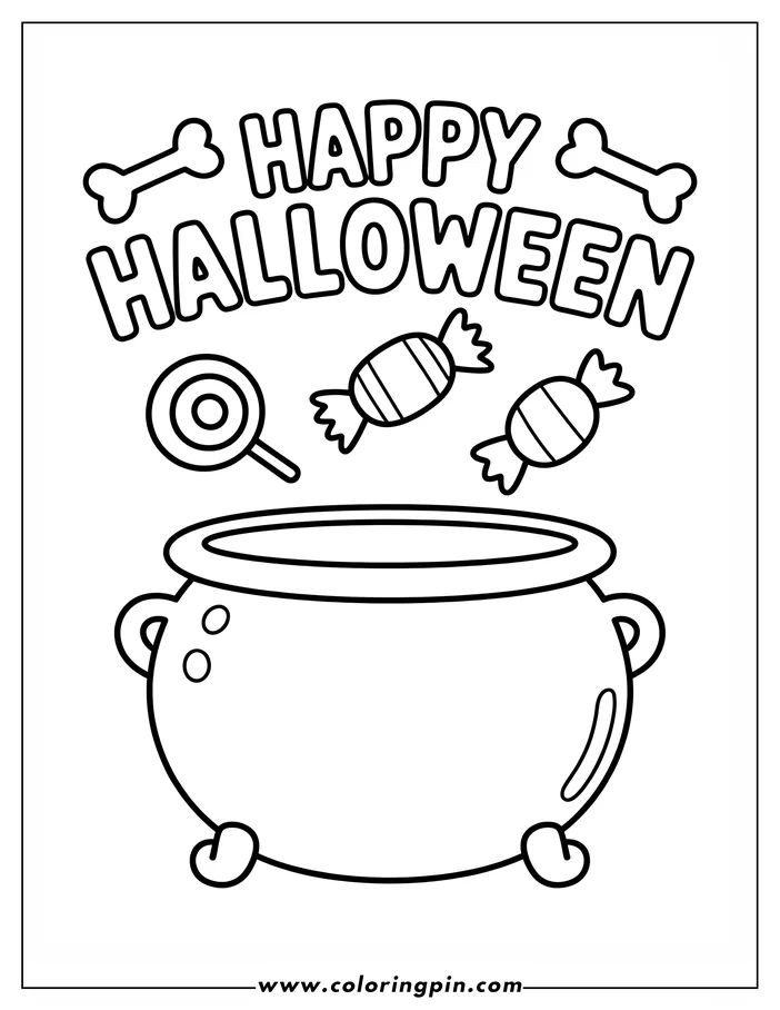 Halloween-themed coloring page: A cauldron filled with candy and a lollipop is shown, with the words "Happy Halloween" above. Two bones also add a touch of spookiness. This simple line art is ideal for coloring.