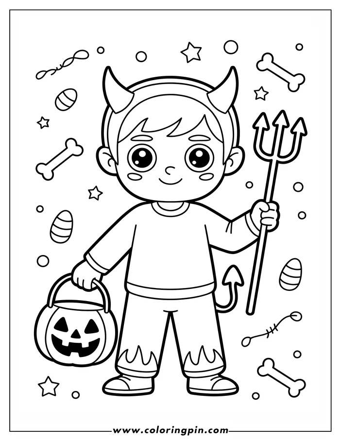 Halloween-themed coloring page: A boy wearing a devil costume with horns and a tail holds a trident and a jack-o'-lantern trick-or-treat bag.  Candies, bones, and stars are scattered around him in this simple line art drawing, ready for coloring.