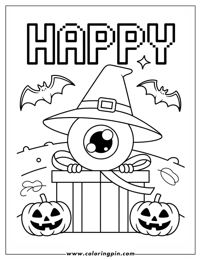 Halloween coloring page: A large eyeball with a witch's hat looks out from behind a gift box. Two carved pumpkins flank the box, with two bats flying near the pixelated 'Happy' message above. A simple drawing of a spooky and silly Halloween scene, ready for kids to color.