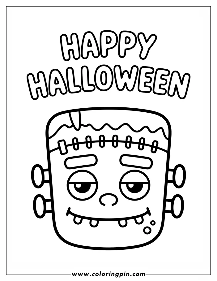 Halloween-themed coloring sheet: Simple line drawing of Frankenstein's monster with stitches and bolts. He has a slight smile and droopy eyes.