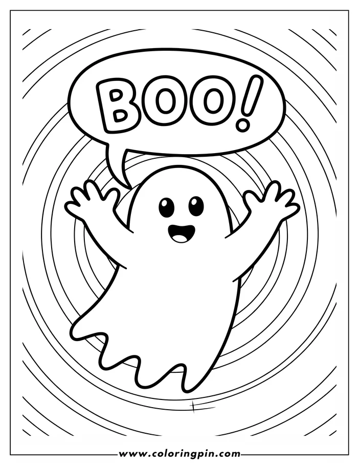 Halloween coloring page showing a friendly cartoon ghost saying "Boo!" in a speech bubble, with concentric circles in the background. The ghost is depicted in a simple, line art style, perfect for kids to color.