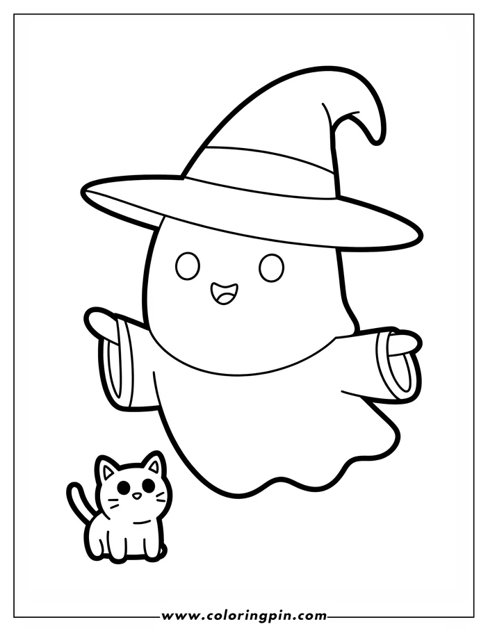 Simple drawing for coloring featuring a Halloween ghost in a wizard hat floating above a small cat. The ghost and cat have a friendly, cartoonish style, perfect for a Halloween coloring sheet.