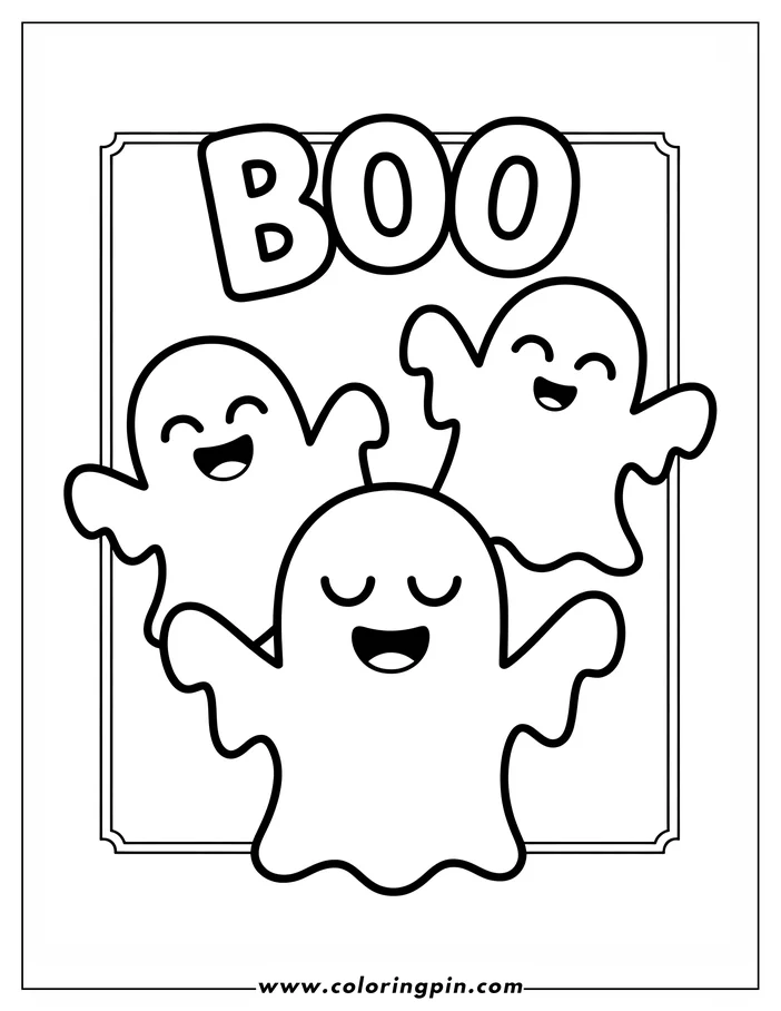 Halloween-themed coloring page: Three simple cartoon ghosts float within a frame. Two are laughing with open eyes, while the central ghost has closed eyes and a smile. The word 'BOO' appears above them. This line art is ready for coloring.