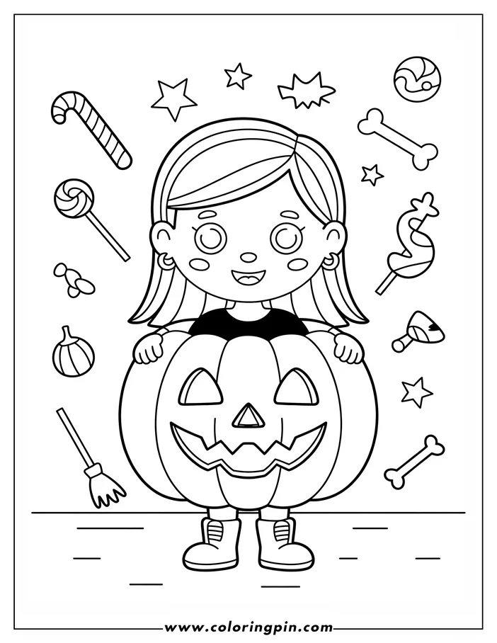 Halloween-themed coloring page: A smiling girl wearing a large pumpkin costume is depicted in this simple outline drawing. Stars, candy, and other small Halloween elements surround the girl. The image is meant for coloring.