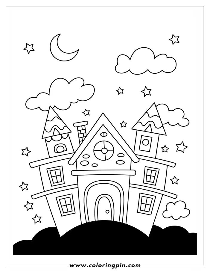 Halloween-themed coloring page: A whimsical house with three towers stands on a hill under a night sky with stars, a crescent moon, and fluffy clouds. The house has a large arched doorway, a brick chimney, and uniquely decorated rooftops.  This line art design is ready for coloring.