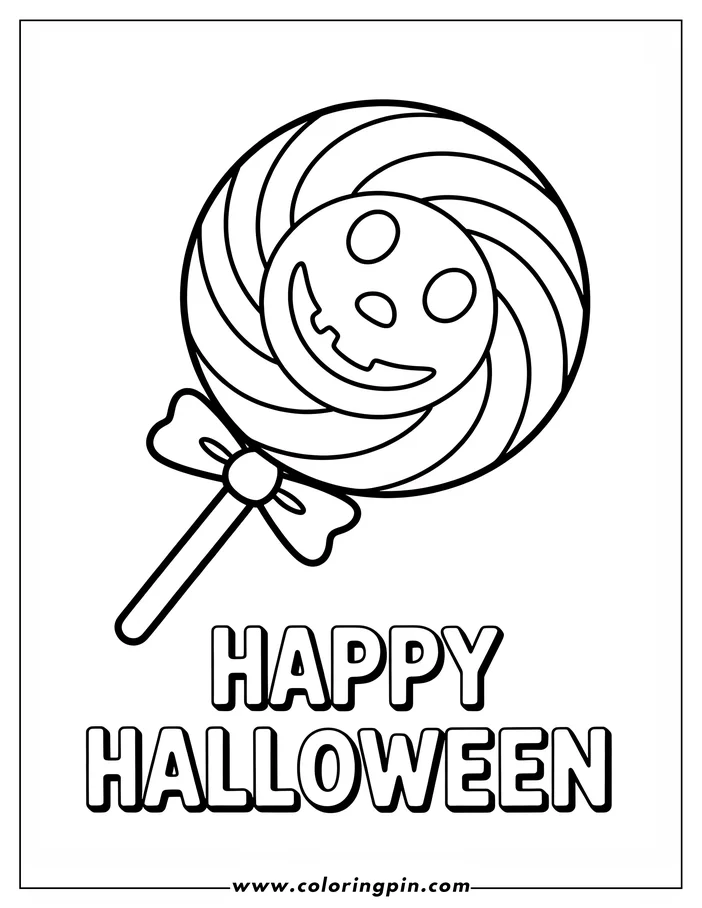 Halloween-themed coloring page: A large swirled lollipop with a jack-o'-lantern face is decorated with a bow. The words "Happy Halloween" appear below.