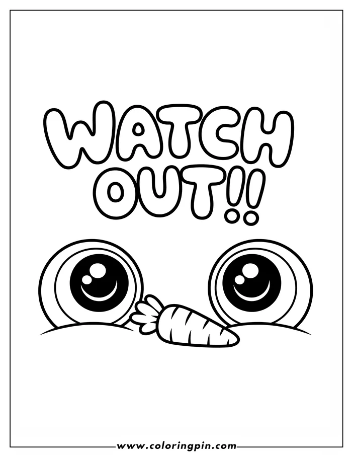 Line art of a simple Halloween monster design for coloring. Two large, cartoonish eyes peek over a small hill with a carrot positioned between them. The words "WATCH OUT!!" appear above the monster. This design is perfect for a kids' printable coloring sheet.