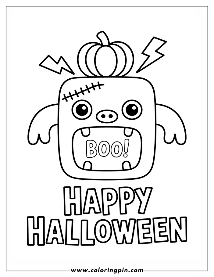 Halloween-themed coloring page: A simple, cute monster with stitches and a pumpkin on its head shouts "Boo!". Lightning bolts frame the monster. The words 'Happy Halloween' are printed below. This line art drawing is perfect for coloring.