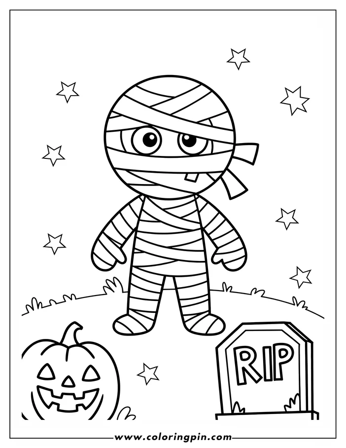 Halloween-themed coloring sheet: A cartoon mummy stands near a tombstone marked 'RIP' and a grinning jack-o'-lantern, with stars in the background.