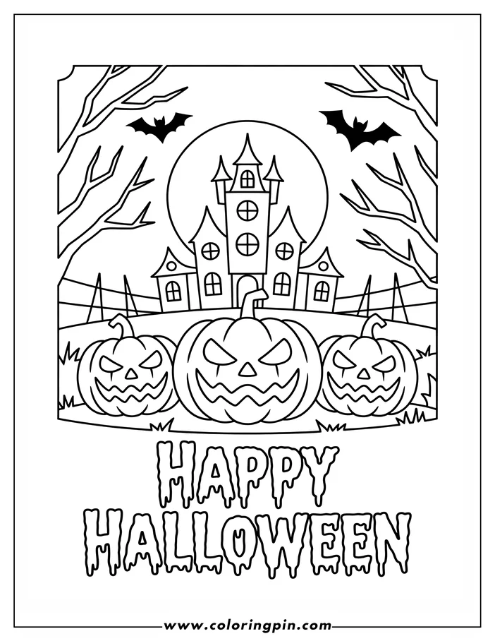 Halloween-themed coloring page: A haunted house is silhouetted against a full moon, with two bats flying nearby.  Three carved pumpkins sit in the foreground with spooky faces, and bare tree branches frame the scene.  "Happy Halloween" is written below. This line art drawing is ready for coloring.