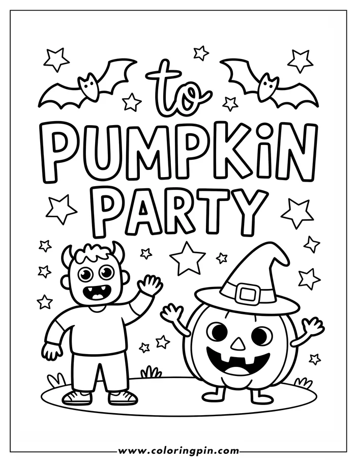 Halloween-themed coloring page: A child in a devil costume and a friendly jack-o'-lantern wearing a witch's hat wave cheerfully. Bats and stars surround them, adding to the festive atmosphere of the pumpkin party. This line art is perfect for coloring.