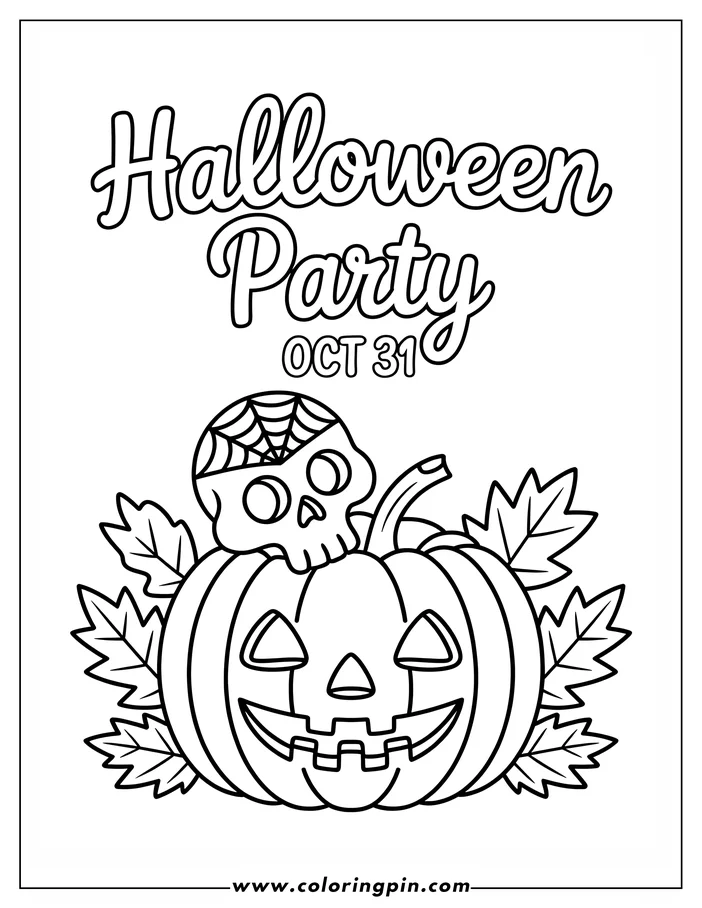 Halloween-themed coloring page: A carved pumpkin with a skull and spiderweb on top. The pumpkin has a classic jack-o'-lantern face. It's surrounded by autumn leaves, adding to the spooky atmosphere.