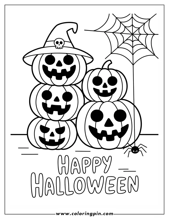 Halloween coloring page: Four jack-o'-lanterns are stacked together, one wearing a witch's hat with a skull. A spider and its web add a spooky touch. The scene is ready to be colored.