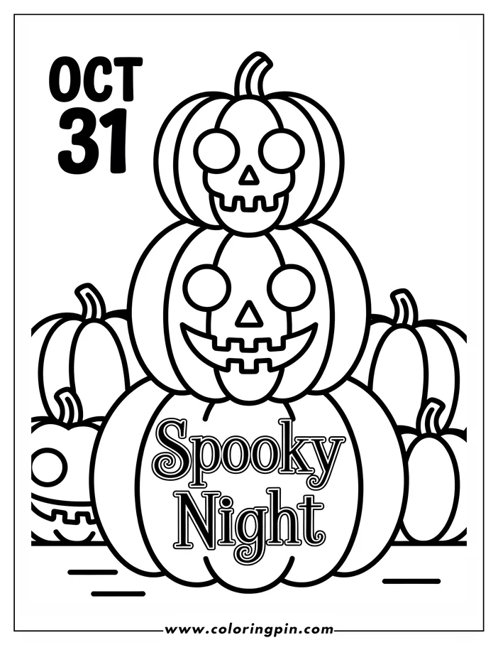 Halloween-themed coloring page: A stack of three pumpkins, each carved with a skull face, with the words "Spooky Night" on the bottom pumpkin. Several more plain pumpkins surround the stack, creating a festive Halloween scene. This simple line art is perfect for coloring.