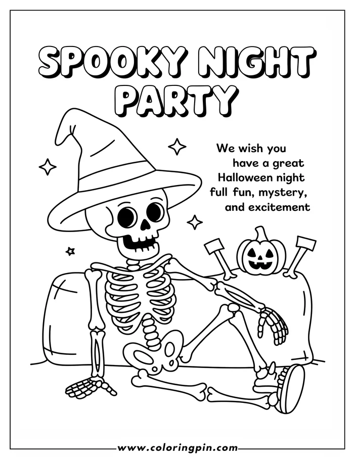 Halloween-themed coloring sheet: A skeleton wearing a witch's hat sits on a surface decorated with a jack-o'-lantern and signposts. This simple line art is perfect for a fun coloring activity.