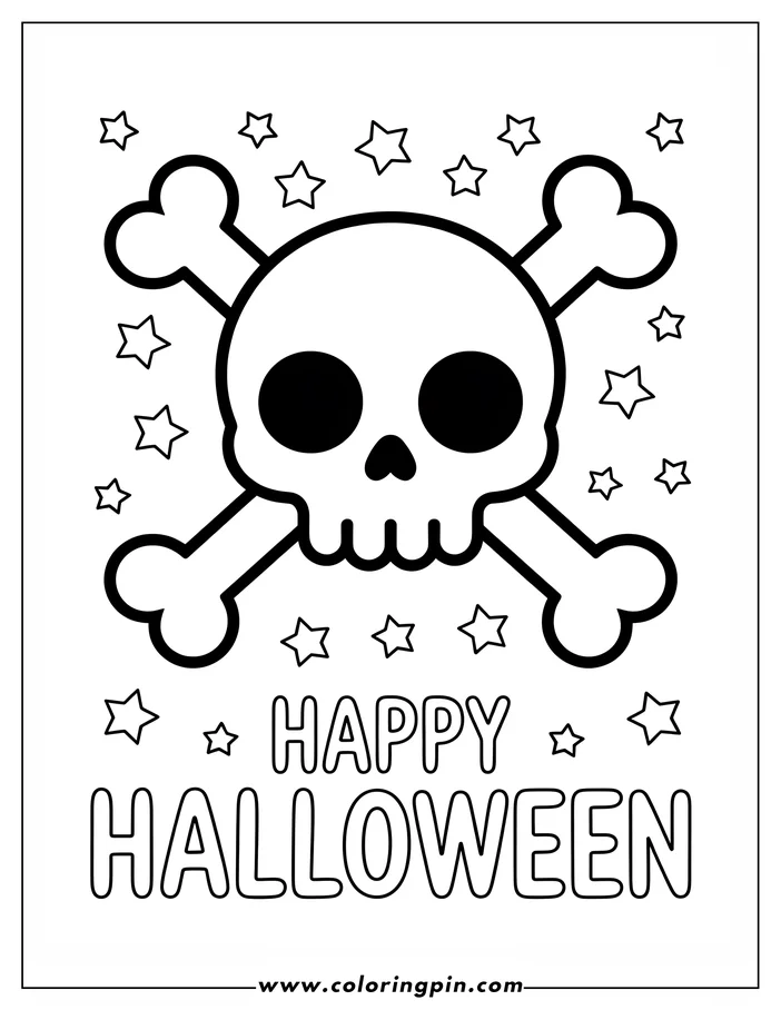 Halloween-themed coloring page showing a simple skull and crossbones design, surrounded by stars and with "Happy Halloween" written below.