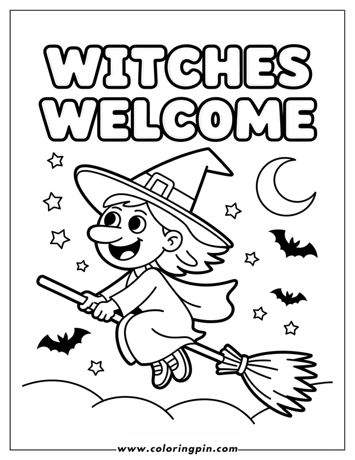 Halloween-themed coloring page: A smiling witch flies on a broomstick across a starry night sky, with bats and a crescent moon in the background. The image is line art, ready to be colored.