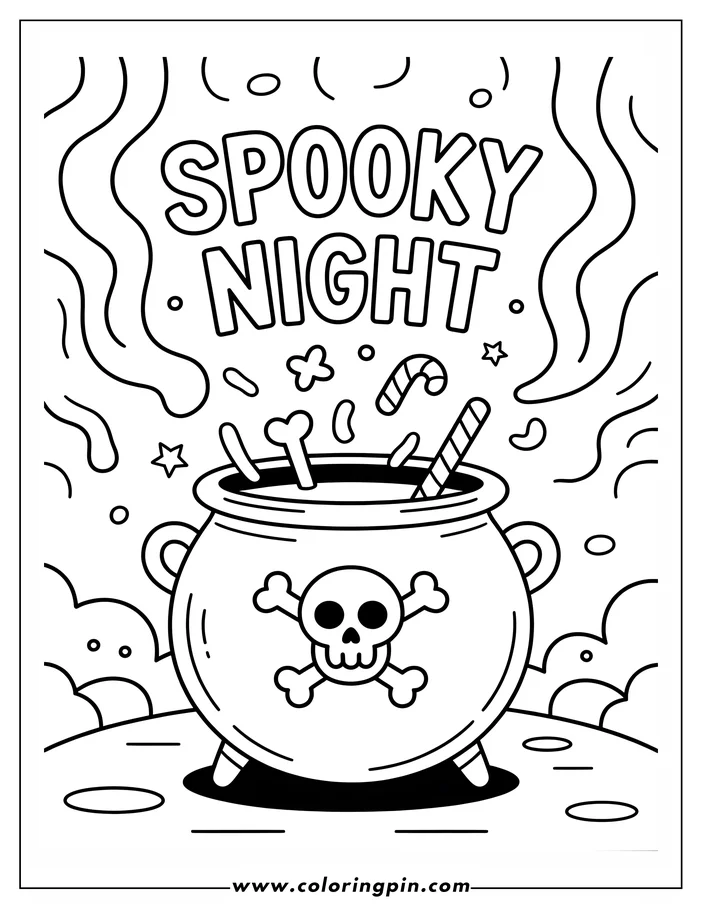 Halloween-themed coloring sheet: A bubbling cauldron filled with bones, candy canes, and spooky ingredients. A skull and crossbones decorates the cauldron, set against a background of swirling smoke and stars.