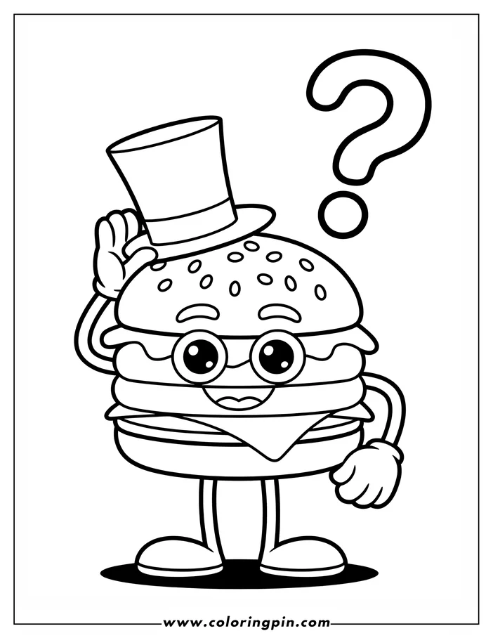 Line art of a cartoon hamburger tipping its top hat with a question mark overhead