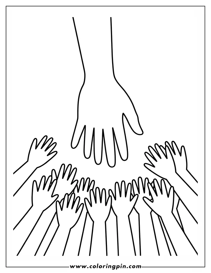 Outline of a large hand reaching downwards towards multiple smaller hands extended upwards.