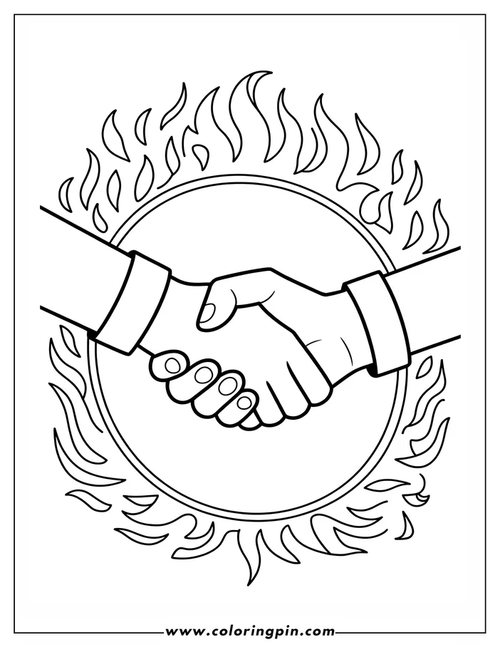 Two hands are shown shaking inside a circle of flames.