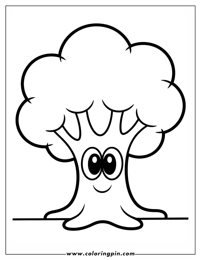 Line art of a happy, cartoon-style tree with large eyes and a smiling face.