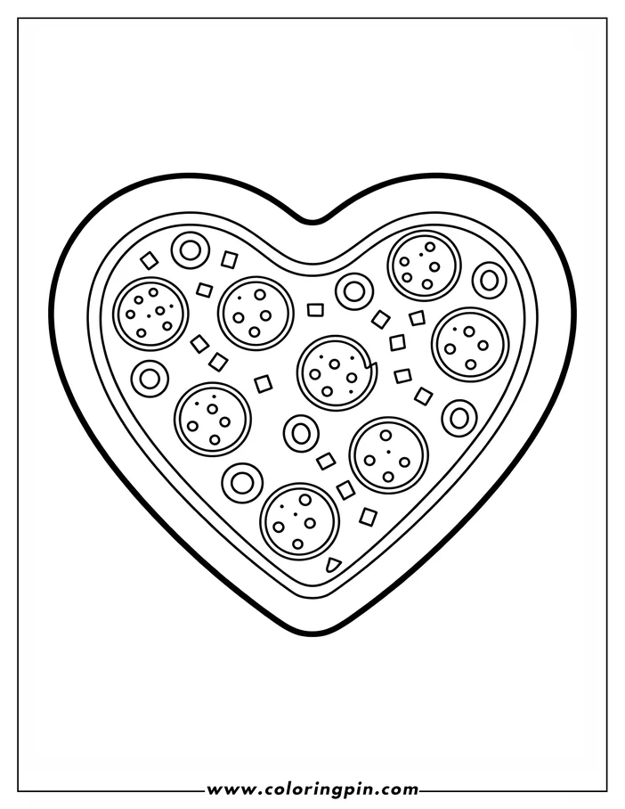 Outline of a heart-shaped pizza with various toppings.