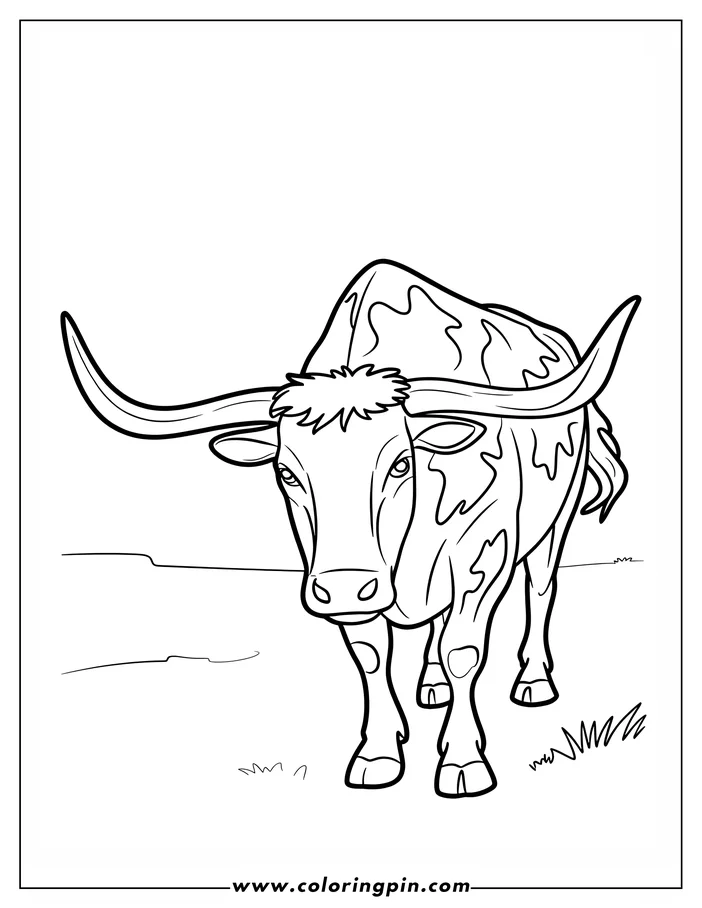 Outline of a Highland cow with long horns and shaggy fur