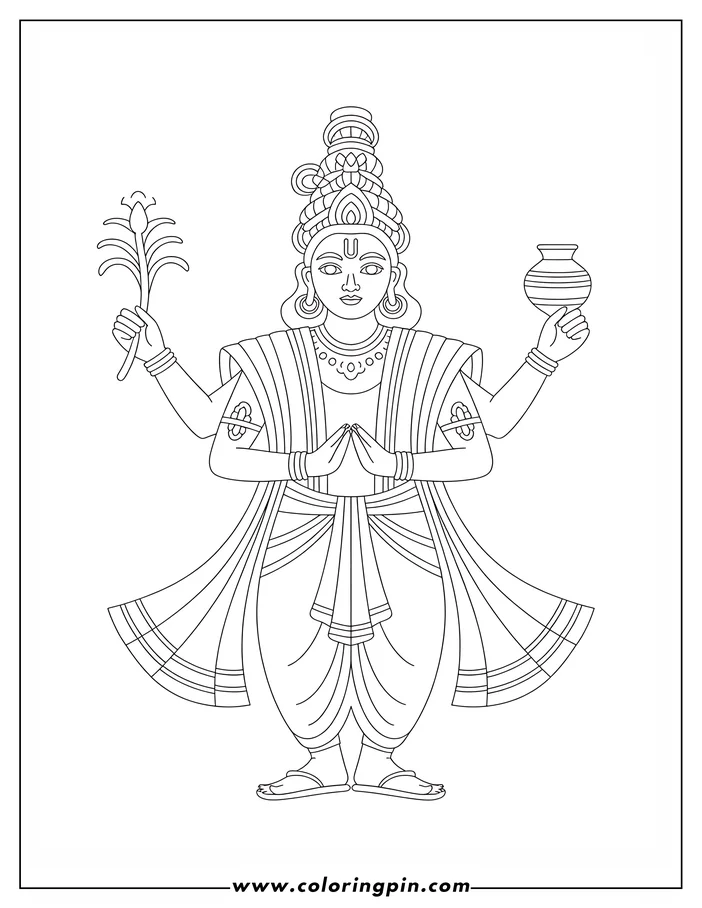 Line art of a Hindu deity holding a lotus flower and a pot, dressed in traditional attire.