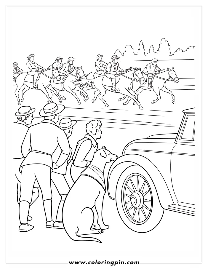 Line art of a horse race at the track, with jockeys riding at full speed.  In the foreground are three spectators and a seated dog by a vintage automobile.